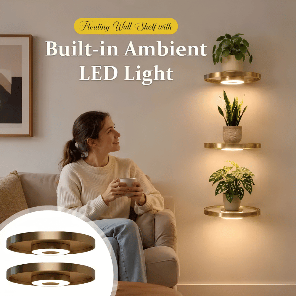 Floating Wall Shelf Rechargeable LED Circular Plant Display with Ambient Glow