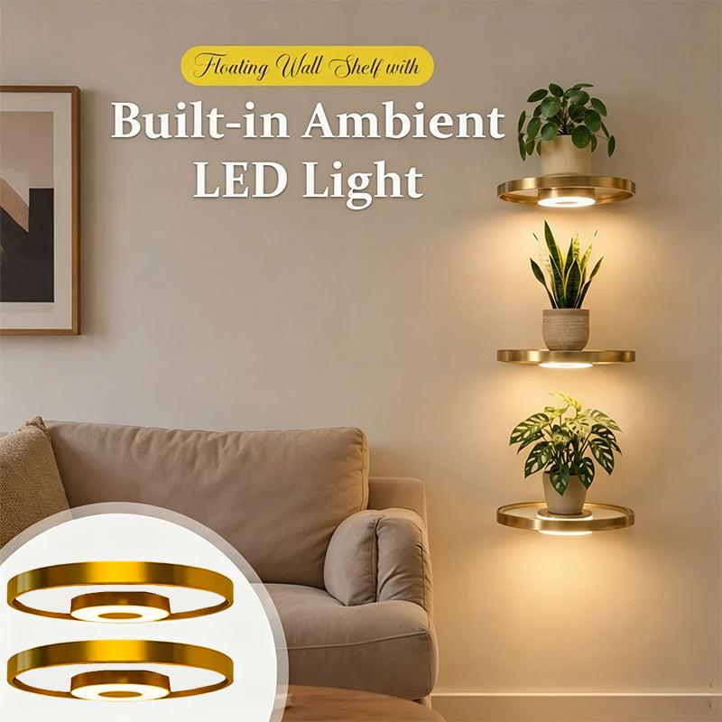 Floating Wall Shelf Rechargeable LED Circular Plant Display with Ambient Glow