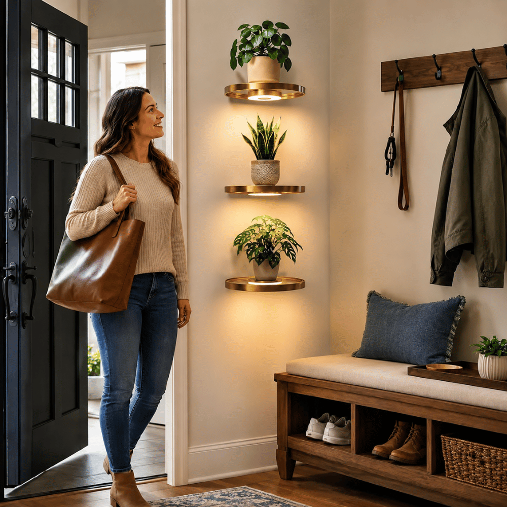 Floating Wall Shelf Rechargeable LED Circular Plant Display with Ambient Glow