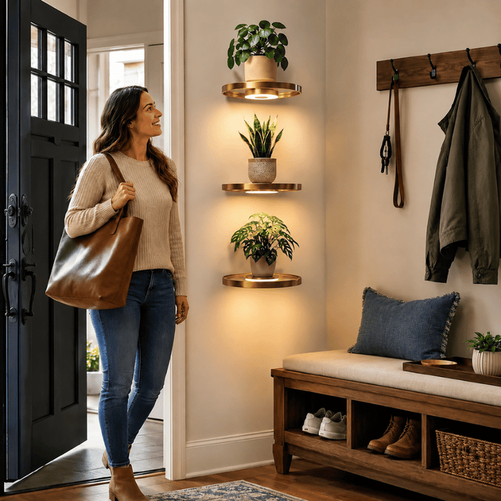 Floating Wall Shelf Rechargeable LED Circular Plant Display with Ambient Glow