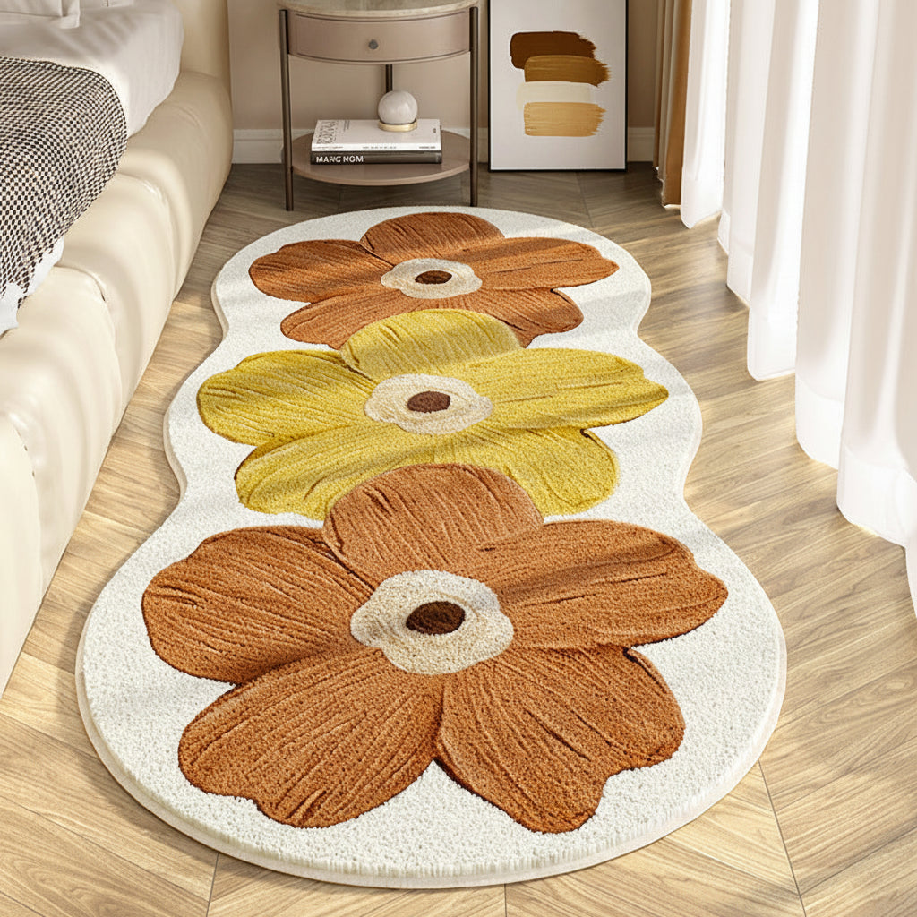 Floral Area Rug Irregular Wavy Edge Blended Fabric with Non-Slip Backing