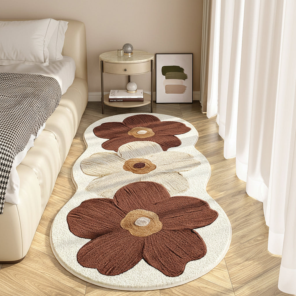Floral Area Rug Irregular Wavy Edge Blended Fabric with Non-Slip Backing