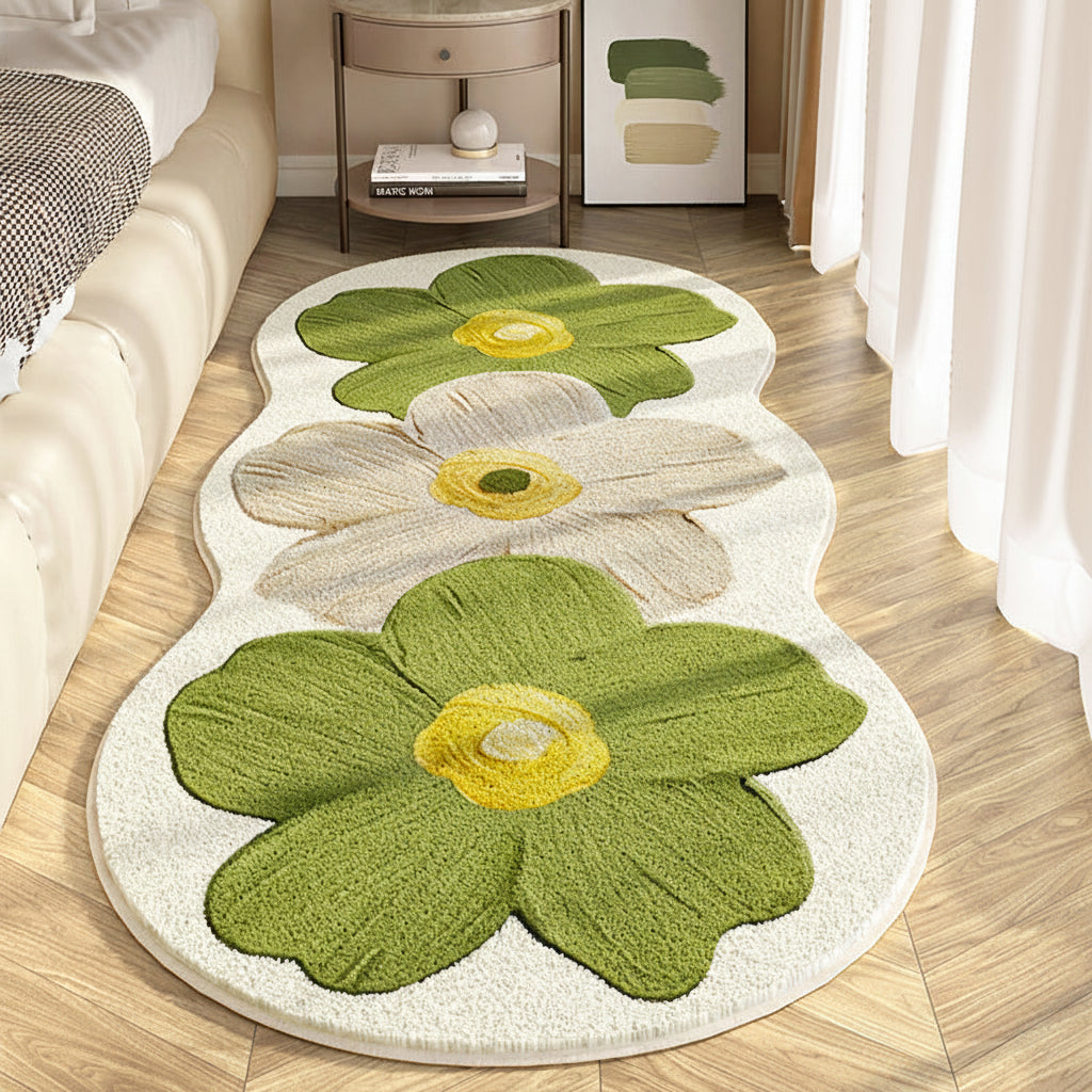 Floral Area Rug Irregular Wavy Edge Blended Fabric with Non-Slip Backing