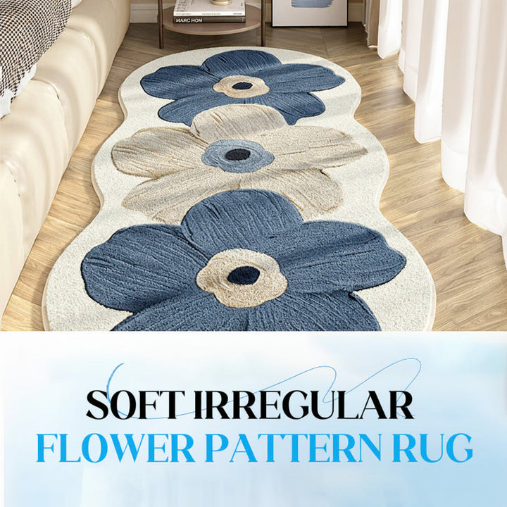 Floral Area Rug Irregular Wavy Edge Blended Fabric with Non-Slip Backing
