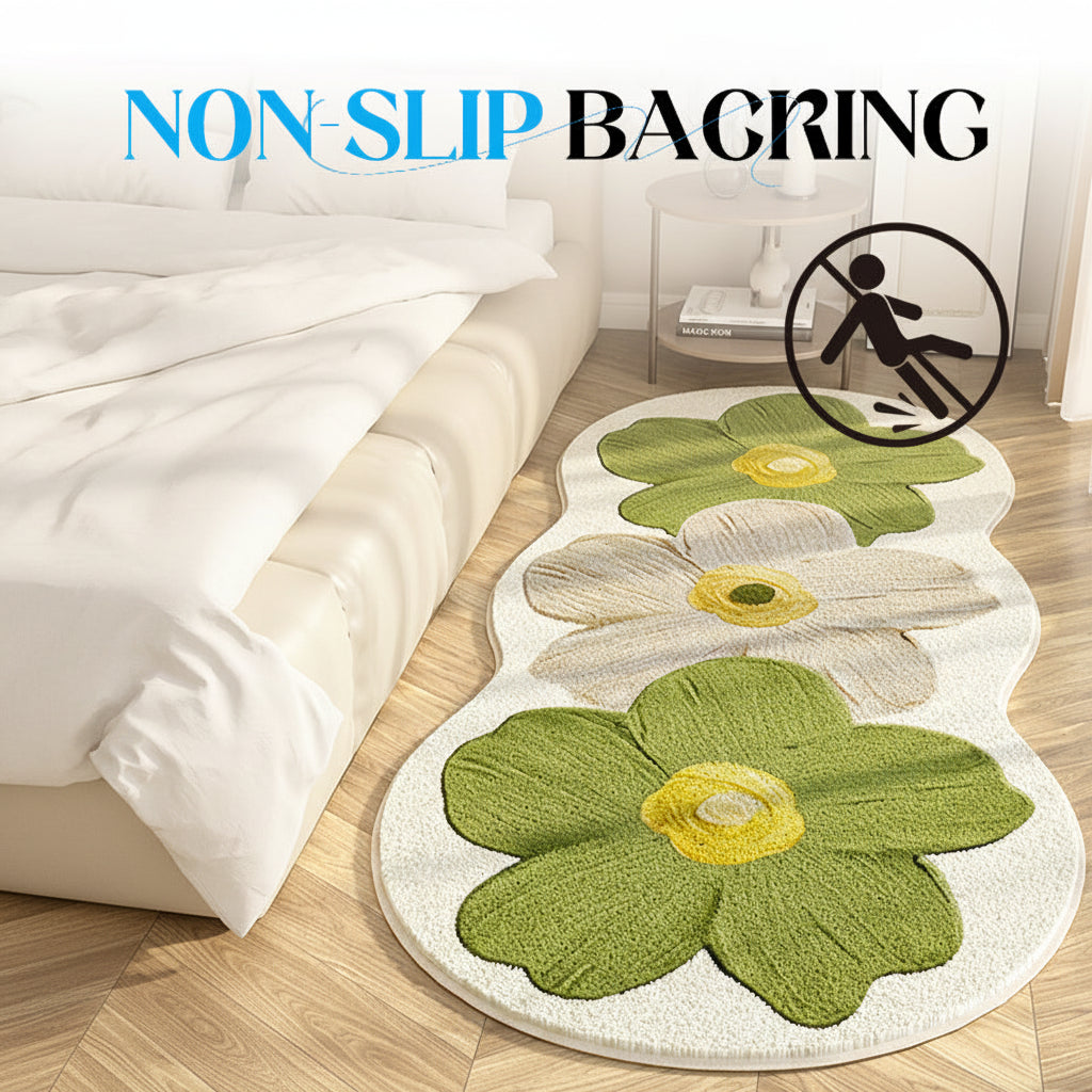 Floral Area Rug Irregular Wavy Edge Blended Fabric with Non-Slip Backing