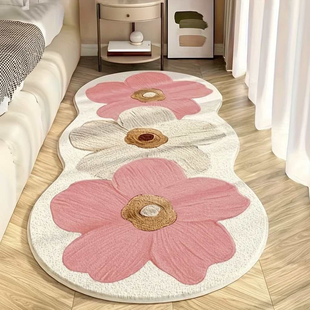 Floral Area Rug Irregular Wavy Edge Blended Fabric with Non-Slip Backing