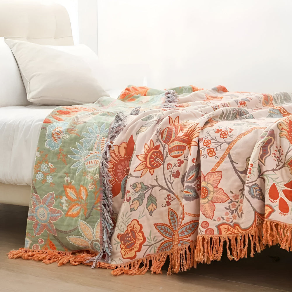 Floral Boho Blanket Throw Woven Cotton Fabric | Fringe Trim Design | Cosy Layer for Sofa, Bed, Picnic and Outdoor Use