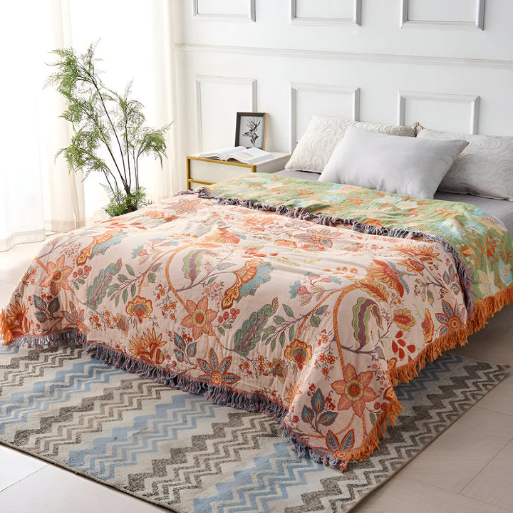 Floral Boho Blanket Throw Woven Cotton Fabric | Fringe Trim Design | Cosy Layer for Sofa, Bed, Picnic and Outdoor Use