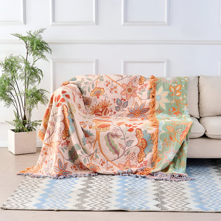 Floral Boho Blanket Throw Woven Cotton Fabric | Fringe Trim Design | Cosy Layer for Sofa, Bed, Picnic and Outdoor Use