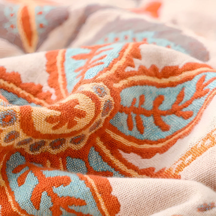 Floral Boho Blanket Throw Woven Cotton Fabric | Fringe Trim Design | Cosy Layer for Sofa, Bed, Picnic and Outdoor Use