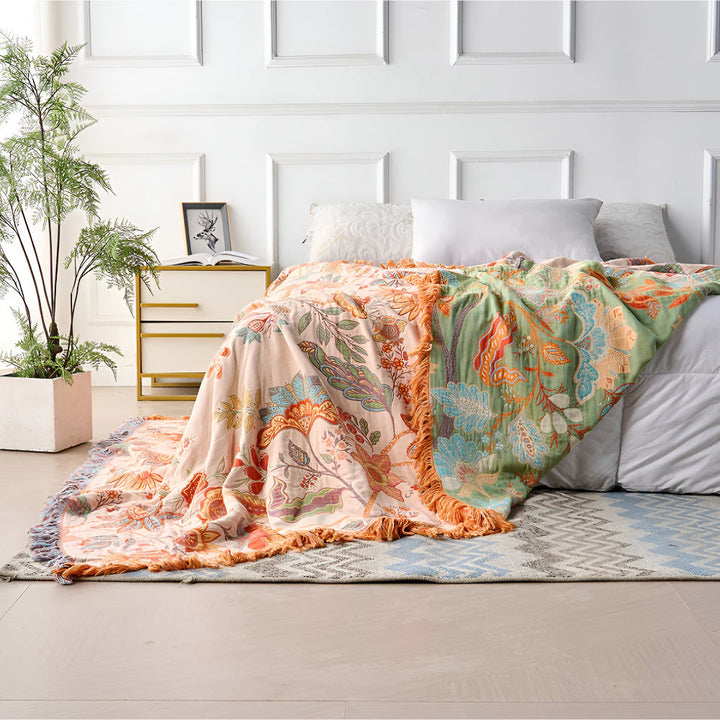 Floral Boho Blanket Throw Woven Cotton Fabric | Fringe Trim Design | Cosy Layer for Sofa, Bed, Picnic and Outdoor Use