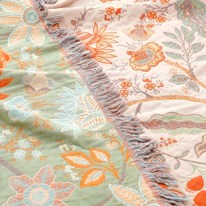 Floral Boho Blanket Throw Woven Cotton Fabric | Fringe Trim Design | Cosy Layer for Sofa, Bed, Picnic and Outdoor Use