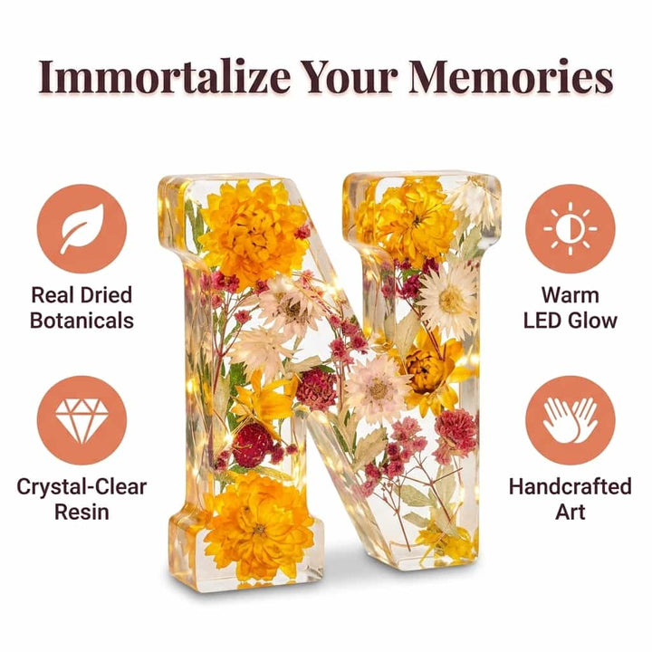 Flower Letter Lamp Resin | Real Dried Flowers &amp; LED Night Light | Personalised Initial Keepsake That Never Fades