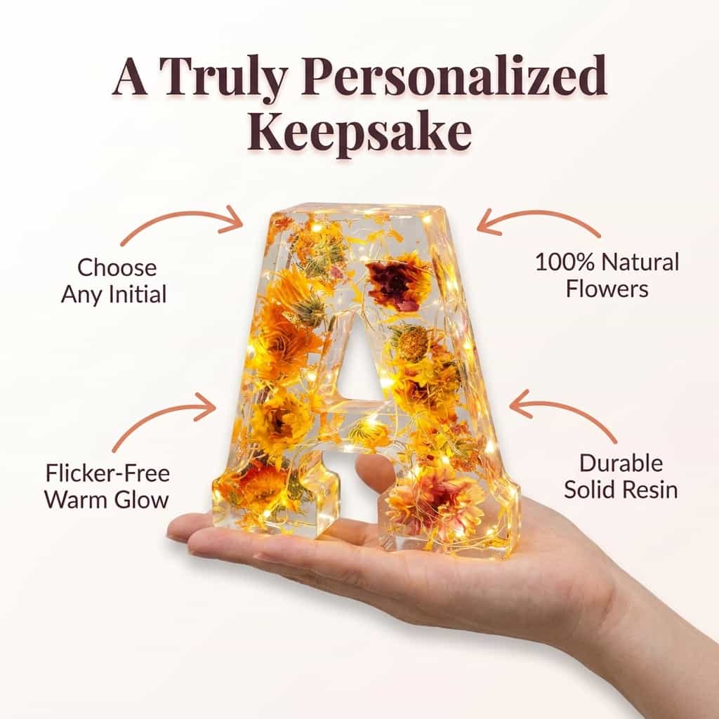 Flower Letter Lamp Resin | Real Dried Flowers &amp; LED Night Light | Personalised Initial Keepsake That Never Fades