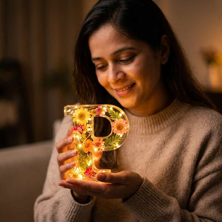 Flower Letter Lamp Resin | Real Dried Flowers &amp; LED Night Light | Personalised Initial Keepsake That Never Fades