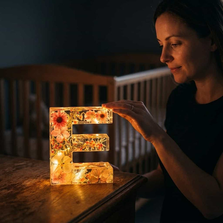 Flower Letter Lamp Resin | Real Dried Flowers &amp; LED Night Light | Personalised Initial Keepsake That Never Fades