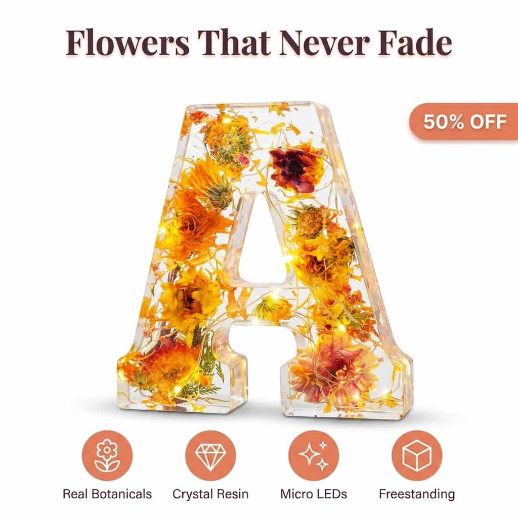 Flower Letter Lamp Resin | Real Dried Flowers &amp; LED Night Light | Personalised Initial Keepsake That Never Fades