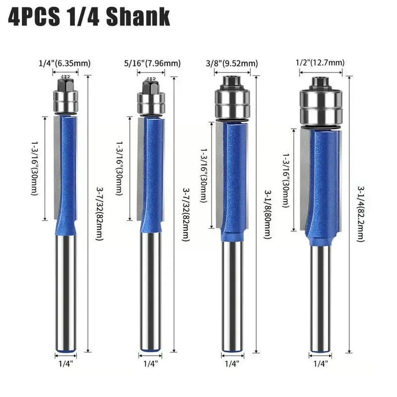 Flush Trim Router Bit Set Carbide 0.6 cm Shank with Double Bearing Guide