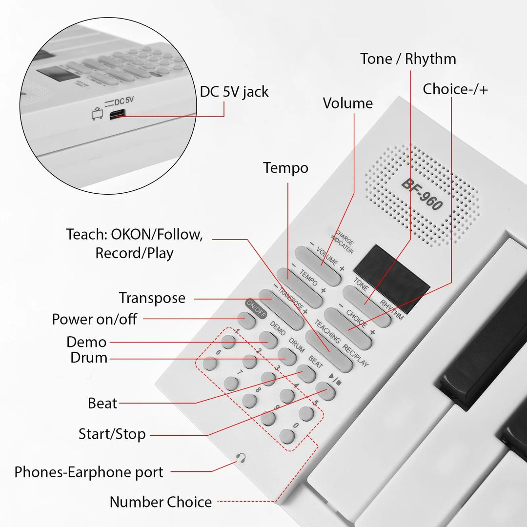 Foldable Electronic Piano 61 Keys | LED Display with Rhythm &amp; Demo Modes | Built-In Rechargeable Battery for Portable Play