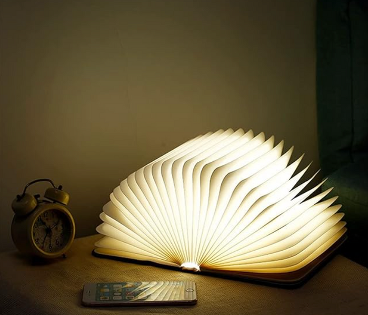 Foldable LED Book Lamp | Wireless &amp; Rechargeable, Folds Flat Like a Book | Warm White Ambient Light for Bedside or Shelf