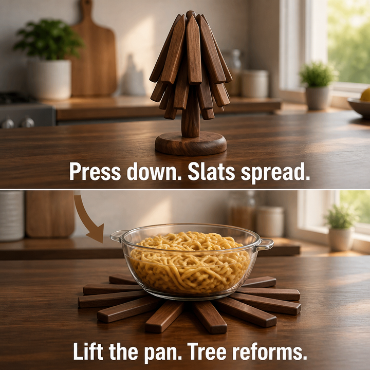 Folding Tree Trivet, Walnut or Beech Hardwood, Opens to 28 cm | Sculptural Design | Shields Tables from Heat Marks