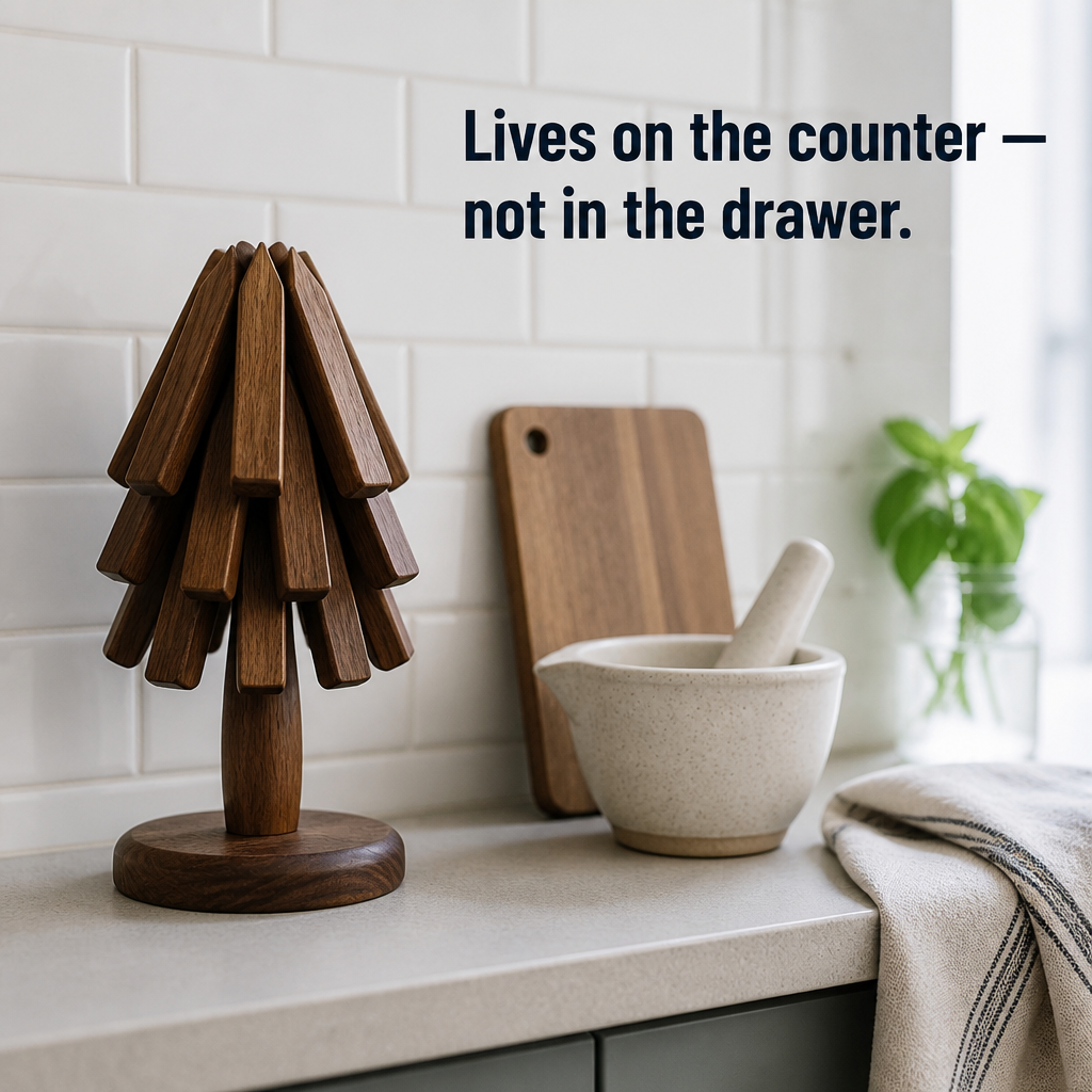 Folding Tree Trivet, Walnut or Beech Hardwood, Opens to 28 cm | Sculptural Design | Shields Tables from Heat Marks