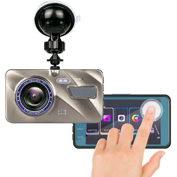 Front and Rear Dash Cam | 4.0 Inch Touchscreen Display | Dual Camera Night Vision Car Security System with Suction Mount