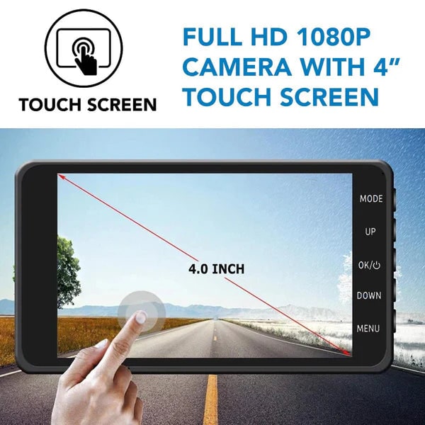Front and Rear Dash Cam | 4.0 Inch Touchscreen Display | Dual Camera Night Vision Car Security System with Suction Mount