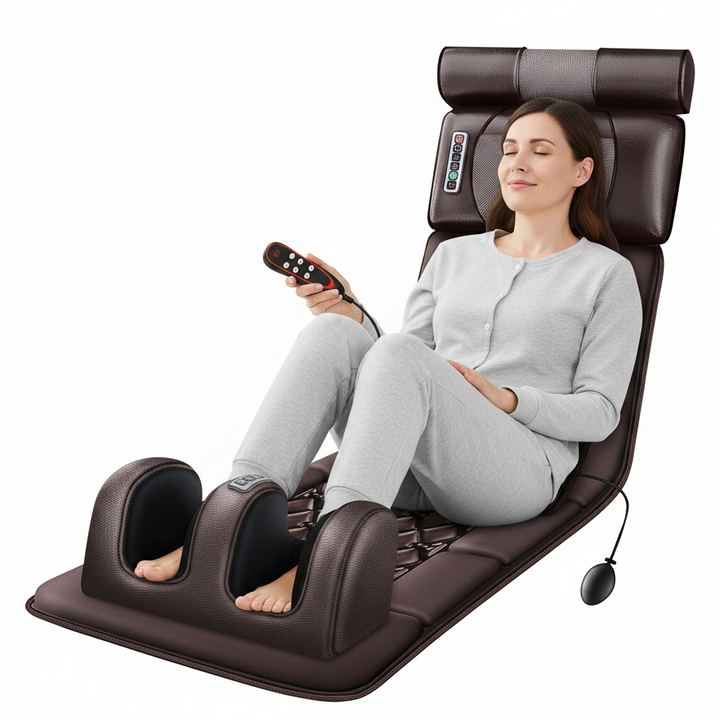 Full Body Massage Mat with Heat, Kneading &amp; Vibration | Grey or Brown, Diamond Quilted | Detachable Foot Massager &amp; Neck Nodes