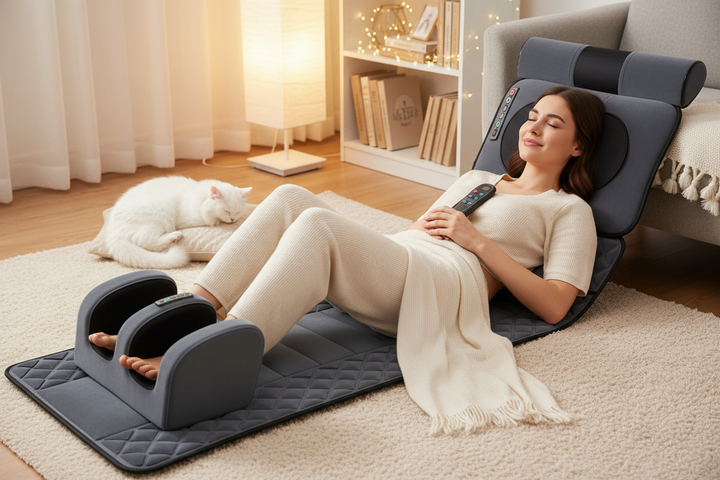 Full Body Massage Mat with Heat, Kneading &amp; Vibration | Grey or Brown, Diamond Quilted | Detachable Foot Massager &amp; Neck Nodes