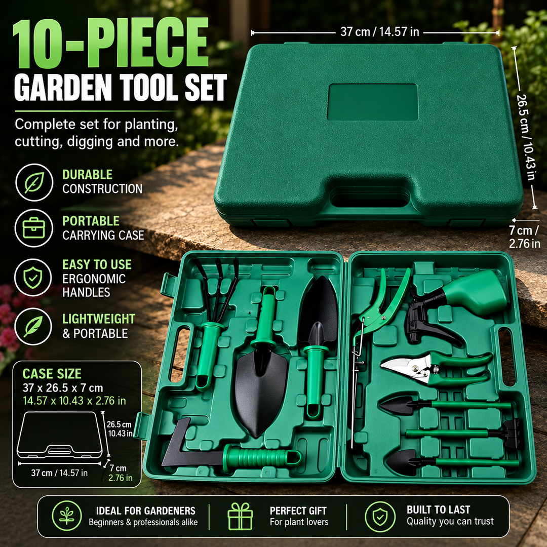 Garden Tool Set Stainless Steel | 10 Pieces with Hard Case | Rust-Resistant Heads, Ergonomic ABS Grips, Portable