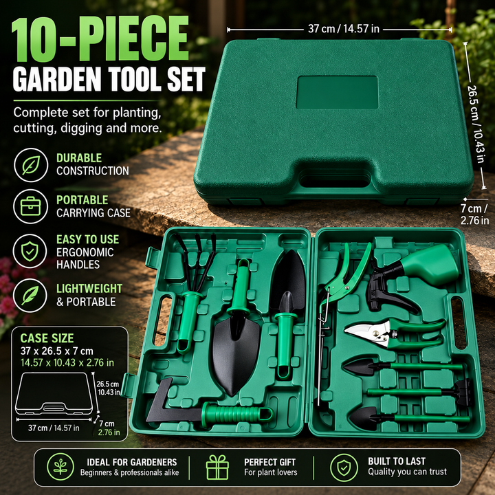 Garden Tool Set Stainless Steel | 10 Pieces with Hard Case | Rust-Resistant Heads, Ergonomic ABS Grips, Portable