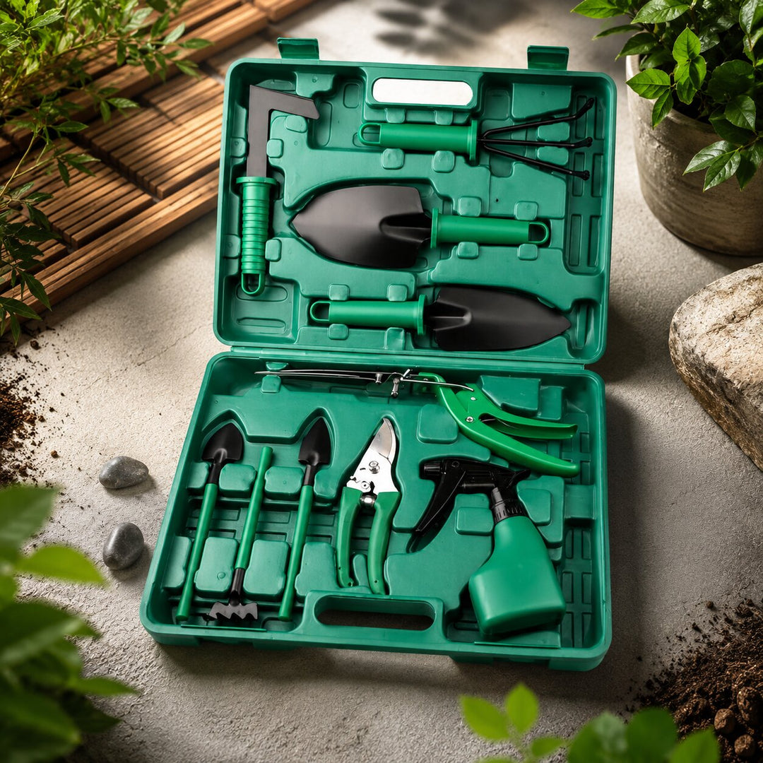 Garden Tool Set Stainless Steel | 10 Pieces with Hard Case | Rust-Resistant Heads, Ergonomic ABS Grips, Portable
