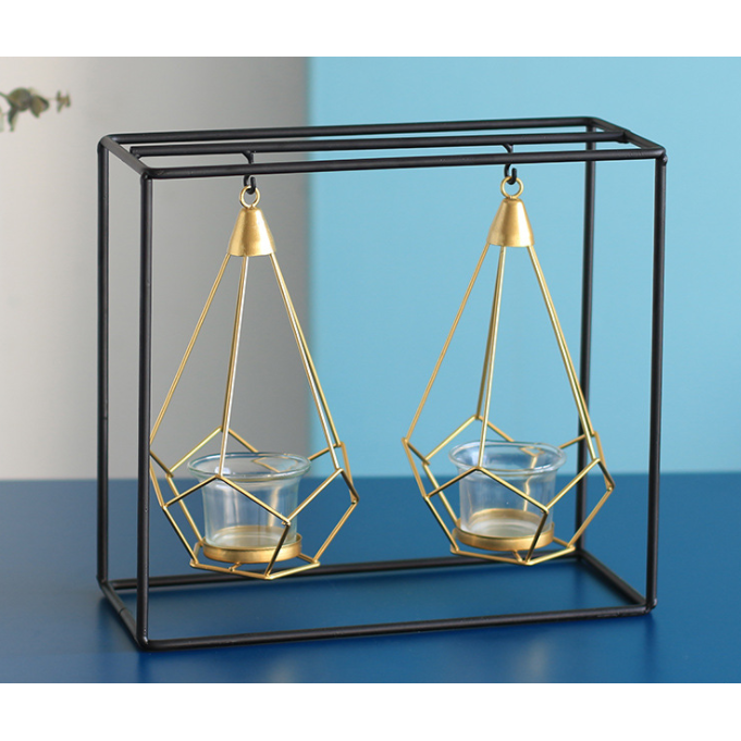 Geometric Candle Holder Metal Frame | Matte Black &amp; Gold Wire Cages | Removable Glass Cups, Freestanding or Hanging