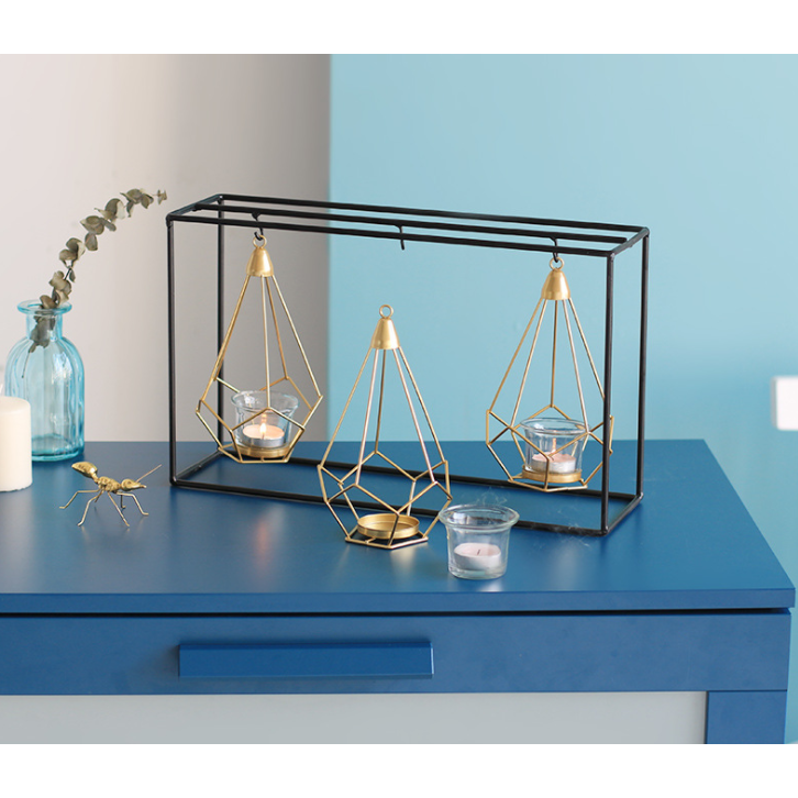 Geometric Candle Holder Metal Frame | Matte Black &amp; Gold Wire Cages | Removable Glass Cups, Freestanding or Hanging