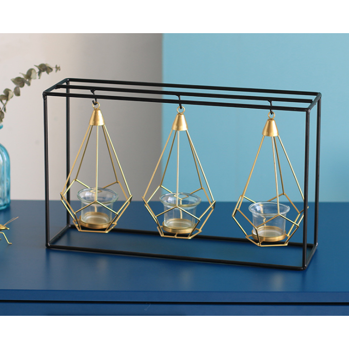 Geometric Candle Holder Metal Frame | Matte Black &amp; Gold Wire Cages | Removable Glass Cups, Freestanding or Hanging