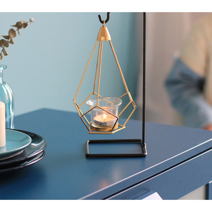 Geometric Candle Holder Metal Frame | Matte Black &amp; Gold Wire Cages | Removable Glass Cups, Freestanding or Hanging