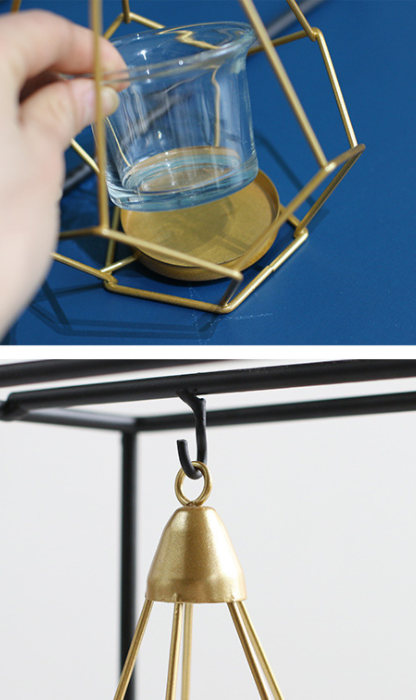 Geometric Candle Holder Metal Frame | Matte Black &amp; Gold Wire Cages | Removable Glass Cups, Freestanding or Hanging