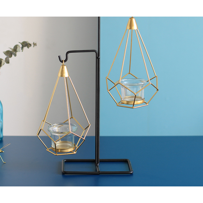Geometric Candle Holder Metal Frame | Matte Black & Gold Wire Cages | Removable Glass Cups, Freestanding or Hanging