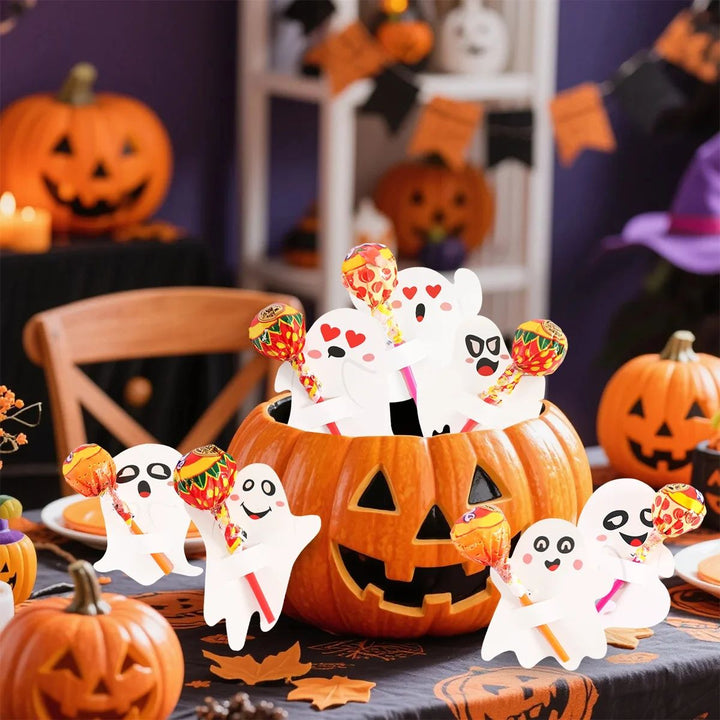 Ghost Lollipop Holders Halloween | 48-Piece Paper Candy Wrap Set | Ready-Made Trick-or-Treat Party Favours for Kids