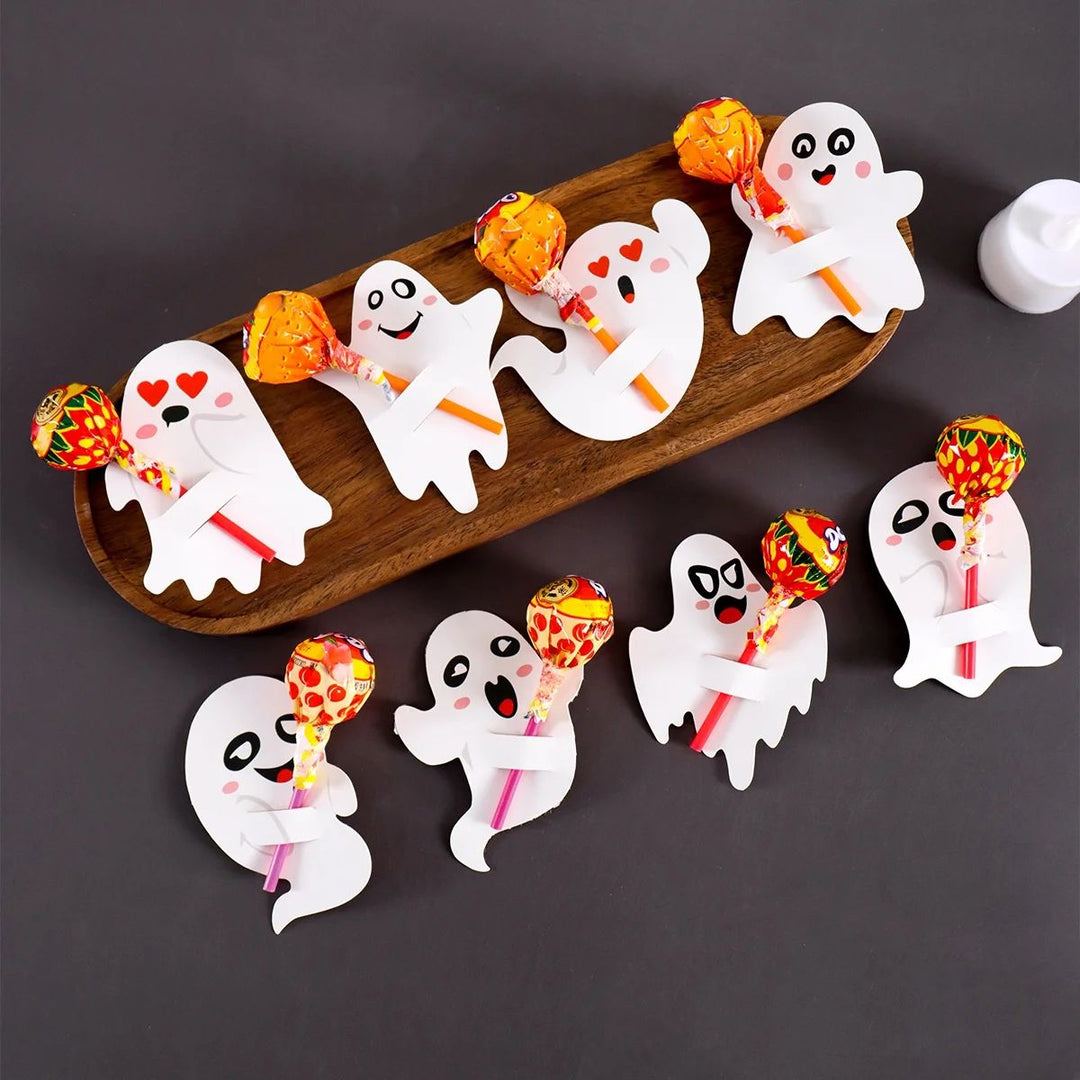Ghost Lollipop Holders Halloween | 48-Piece Paper Candy Wrap Set | Ready-Made Trick-or-Treat Party Favours for Kids
