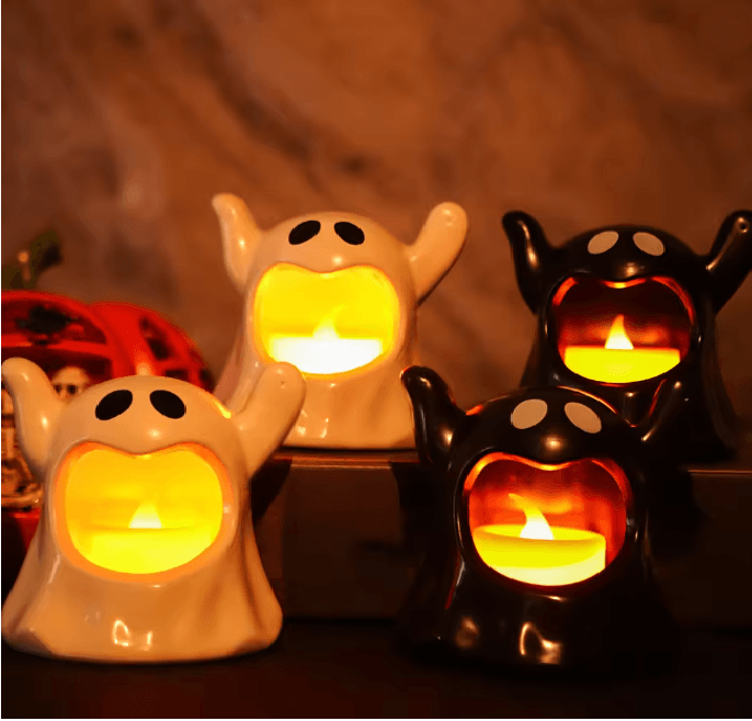 Ghost Shaped LED Candle Light | Battery Powered, Flameless Flicker, Cool to Touch | Safe Halloween Decor for Kids &amp; Parties