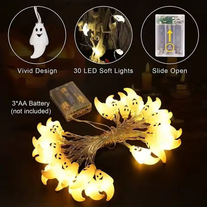 Ghost String Lights for Halloween Décor | 20 LED Ghost-Shaped Bulbs | Battery Powered, No Plug Needed, Indoor &amp; Outdoor