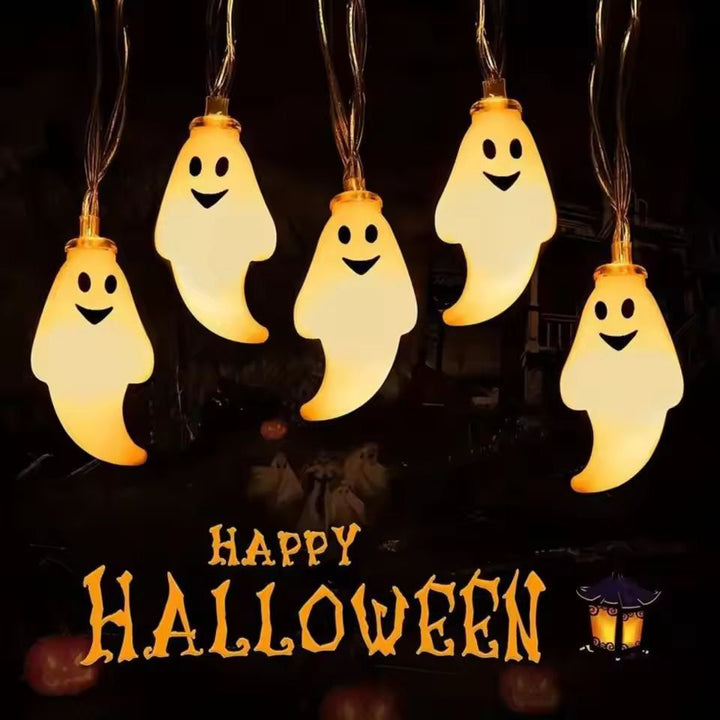 Ghost String Lights for Halloween Décor | 20 LED Ghost-Shaped Bulbs | Battery Powered, No Plug Needed, Indoor &amp; Outdoor