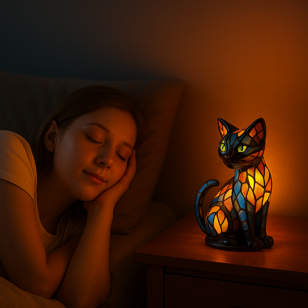 Glass Cat Table Lamp | Colour-Changing Mosaic Glow | E14 Socket Fits LED or Halogen Bulbs for Desk, Shelf or Bedside