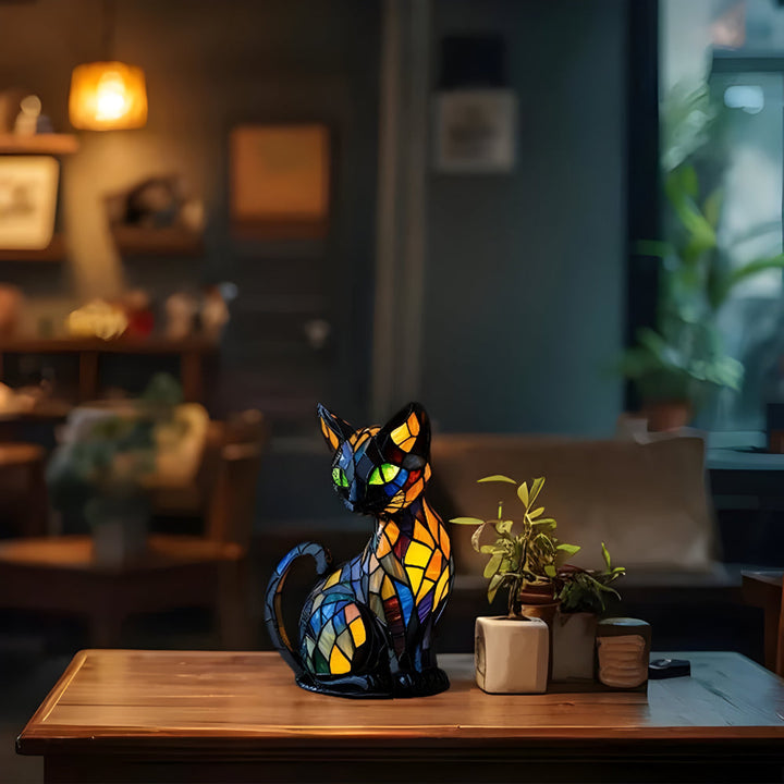 Glass Cat Table Lamp | Colour-Changing Mosaic Glow | E14 Socket Fits LED or Halogen Bulbs for Desk, Shelf or Bedside