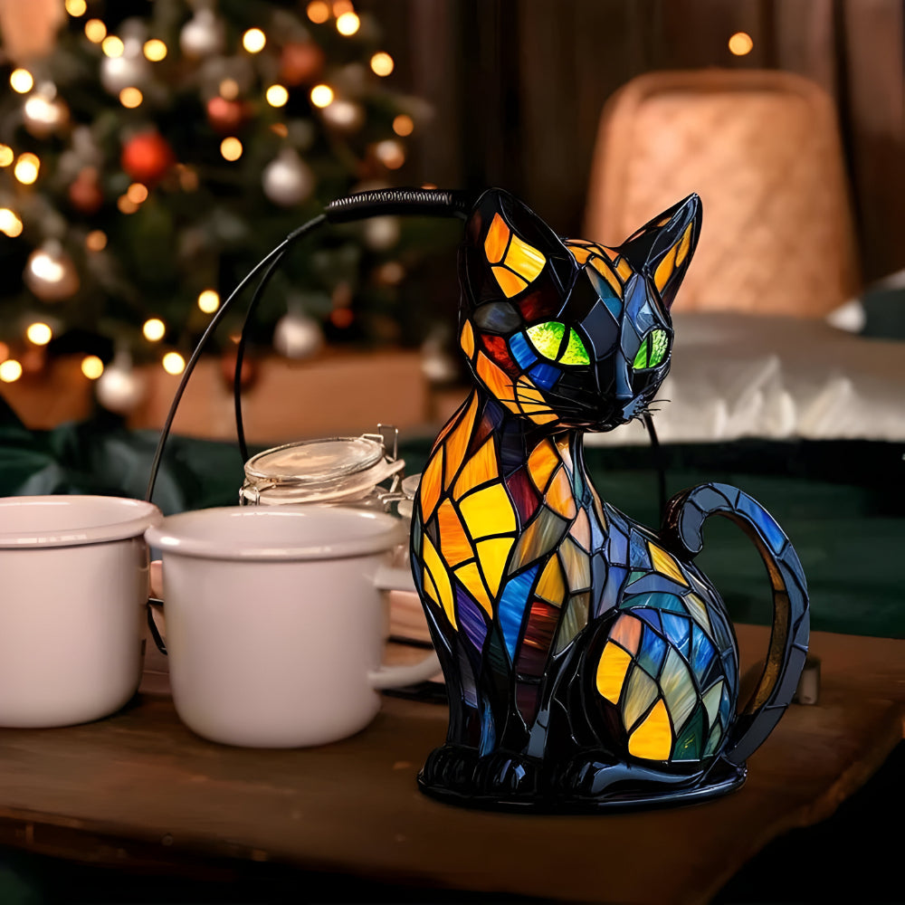Glass Cat Table Lamp | Colour-Changing Mosaic Glow | E14 Socket Fits LED or Halogen Bulbs for Desk, Shelf or Bedside