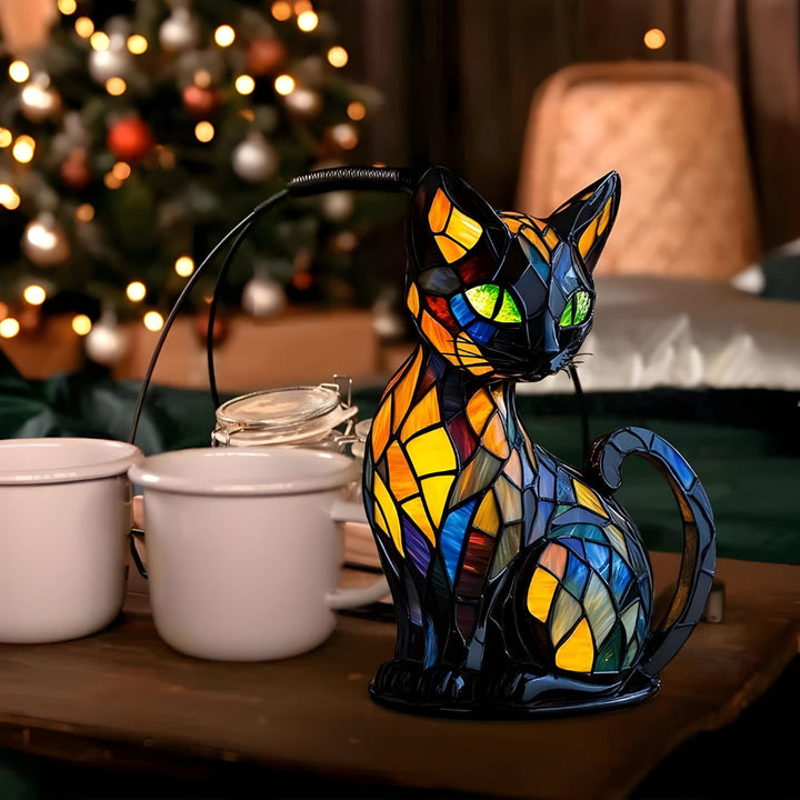 Glass Cat Table Lamp | Colour-Changing Mosaic Glow | E14 Socket Fits LED or Halogen Bulbs for Desk, Shelf or Bedside