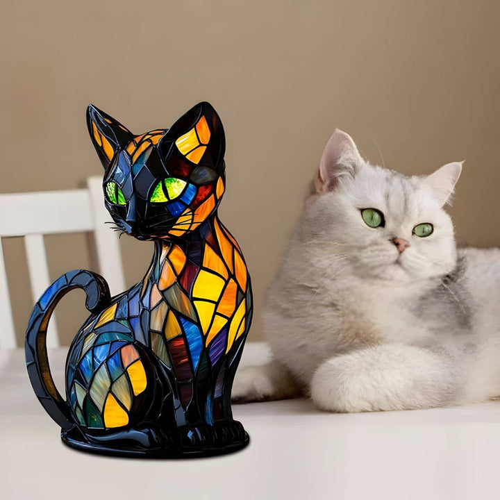 Glass Cat Table Lamp | Colour-Changing Mosaic Glow | E14 Socket Fits LED or Halogen Bulbs for Desk, Shelf or Bedside