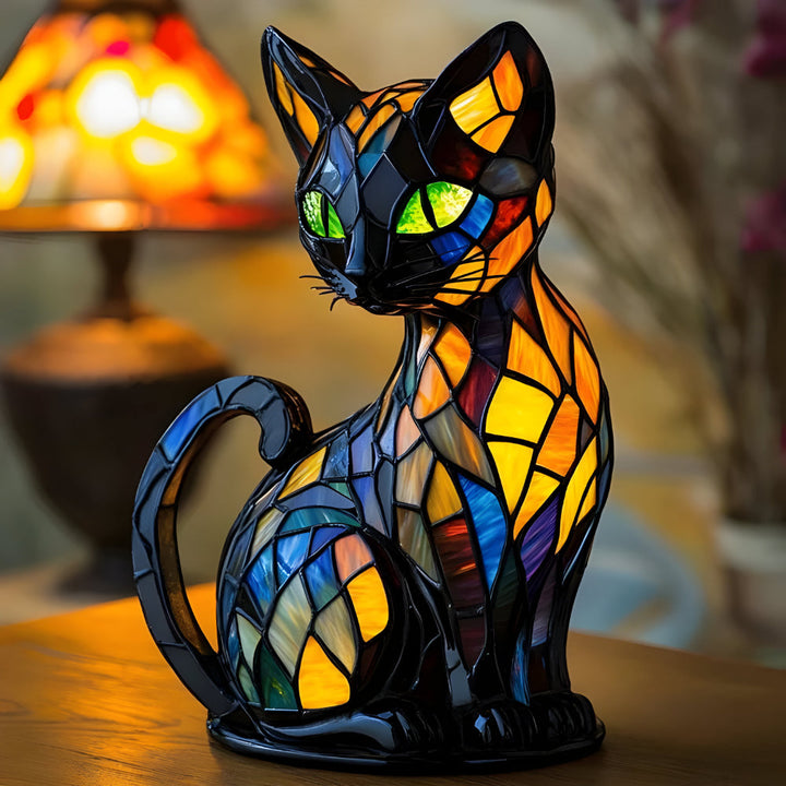 Glass Cat Table Lamp | Colour-Changing Mosaic Glow | E14 Socket Fits LED or Halogen Bulbs for Desk, Shelf or Bedside